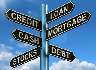 Simulated cross-road sign showing Loan, Credit, Mortgage, Cash, Debt and Stocks  